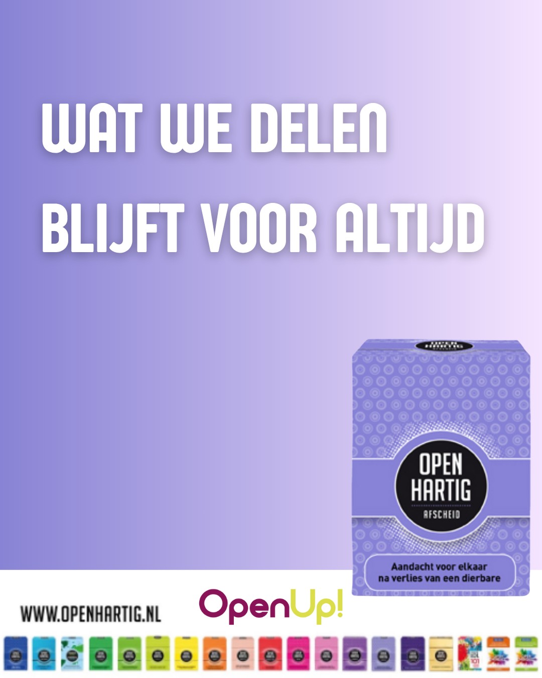 Soms is het niet gemakkelijk om woorden te vinden voor gemis. Je denkt aan iemand die er niet meer is. Een stem, een lach, een gewoonte en je voelt dat het dichtbij is maar tegelijk ook ver weg. 👼

Iemand vertelde ons dat ze met haar familie samenkwam rond Allerheiligen, om samen stil te staan bij wie ze misten. Iemand stelde voor om 𝗢𝗽𝗲𝗻𝗵𝗮𝗿𝘁𝗶𝗴 𝗔𝗳𝘀𝗰𝗵𝗲𝗶𝗱 te spelen.

In het begin voelde dat wat ongemakkelijk. “Moeten we nu echt kaartjes trekken over verdriet?” zei iemand. Maar bij de eerste vraag werd het stil. Er kwamen herinneringen boven, kleine verhalen, dankbaarheid, soms ook tranen. Er hing vooral iets warms in de kamer. Iets wat verbond. Iedereen luisterde, zonder oordeel. En even was diegene die ze misten er weer een beetje bij.

Dat is wat 𝗢𝗽𝗲𝗻𝗵𝗮𝗿𝘁𝗶𝗴 𝗔𝗳𝘀𝗰𝗵𝗲𝗶𝗱 doet. Het geeft woorden aan wat vaak onuitgesproken blijft. Het helpt om te praten over verlies maar ook over liefde en dankbaarheid. Want wat we samen delen, gaat niet verloren. Het leeft voort in de verhalen die we vertellen. 🫶

💜 Ontdek 𝗢𝗽𝗲𝗻𝗵𝗮𝗿𝘁𝗶𝗴 𝗔𝗳𝘀𝗰𝗵𝗲𝗶𝗱 ➡ op onze website (via de link in bio)

#openhartig #openup #afscheid #allerzielen #vraagkaartenspel