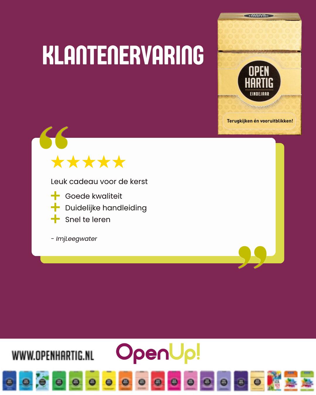 Wat een fijne review om te ontvangen ⭐️🥰
“Goede kwaliteit, duidelijke handleiding, snel te leren.”
Dankjewel voor het delen! 💛

Het is zo fijn om te horen dat mensen niet alleen plezier beleven aan het spel maar ook echt met elkaar in gesprek komen, lachen en verbinden.
Onze  𝗢𝗽𝗲𝗻𝗵𝗮𝗿𝘁𝗶𝗴 spellen zijn gemaakt om samen mooie momenten te creëren, thuis, tijdens de feestdagen of gewoon tussendoor. 🫶

🎁 Het perfecte cadeau voor onder de kerstboom, voor families, vrienden en iedereen die houdt van echte gesprekken. ❤

💛 Ontdek 𝗢𝗽𝗲𝗻𝗵𝗮𝗿𝘁𝗶𝗴 𝗘𝗶𝗻𝗱𝗲𝗷𝗮𝗮𝗿 ➡ op onze website (via de link in bio)

#eindejaar #giftidea #eindejaarsgeschenk #openhartig #openup