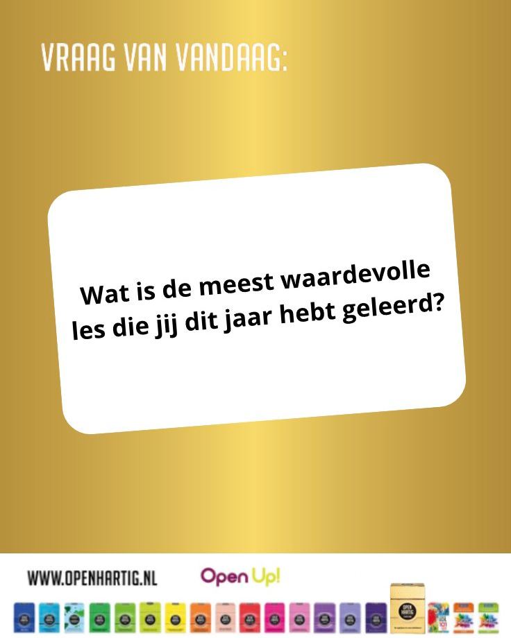 𝗩𝗥𝗔𝗔𝗚 𝗩𝗔𝗡 𝗩𝗔𝗡𝗗𝗔𝗔𝗚 ⭐️ Wat is de meest waardevolle les die jij dit jaar hebt geleerd? ✨ December is het moment om even stil te staan bij wat dit jaar je heeft gebracht.

Met 𝗢𝗽𝗲𝗻𝗵𝗮𝗿𝘁𝗶𝗴 𝗘𝗶𝗻𝗱𝗲𝗷𝗮𝗮𝗿 deel je samen herinneringen, inzichten en voornemens. En ontstaan gesprekken die je nog lang bijblijven. 🥰 Onze gouden box zit vol verrassende vragen en opdrachten die jullie helpen terugkijken en vooruitblikken, op een warme en gezellige manier. 🎄💛 Samen reflecteren, lachen, delen… en sprankelende momenten creëren.

💛 Ontdek 𝗢𝗽𝗲𝗻𝗵𝗮𝗿𝘁𝗶𝗴 𝗘𝗶𝗻𝗱𝗲𝗷𝗮𝗮𝗿 ➡ op onze website (via de link in bio)

#openhartig #openup #eindejaar #eindejaarsgeschenk #giftidea