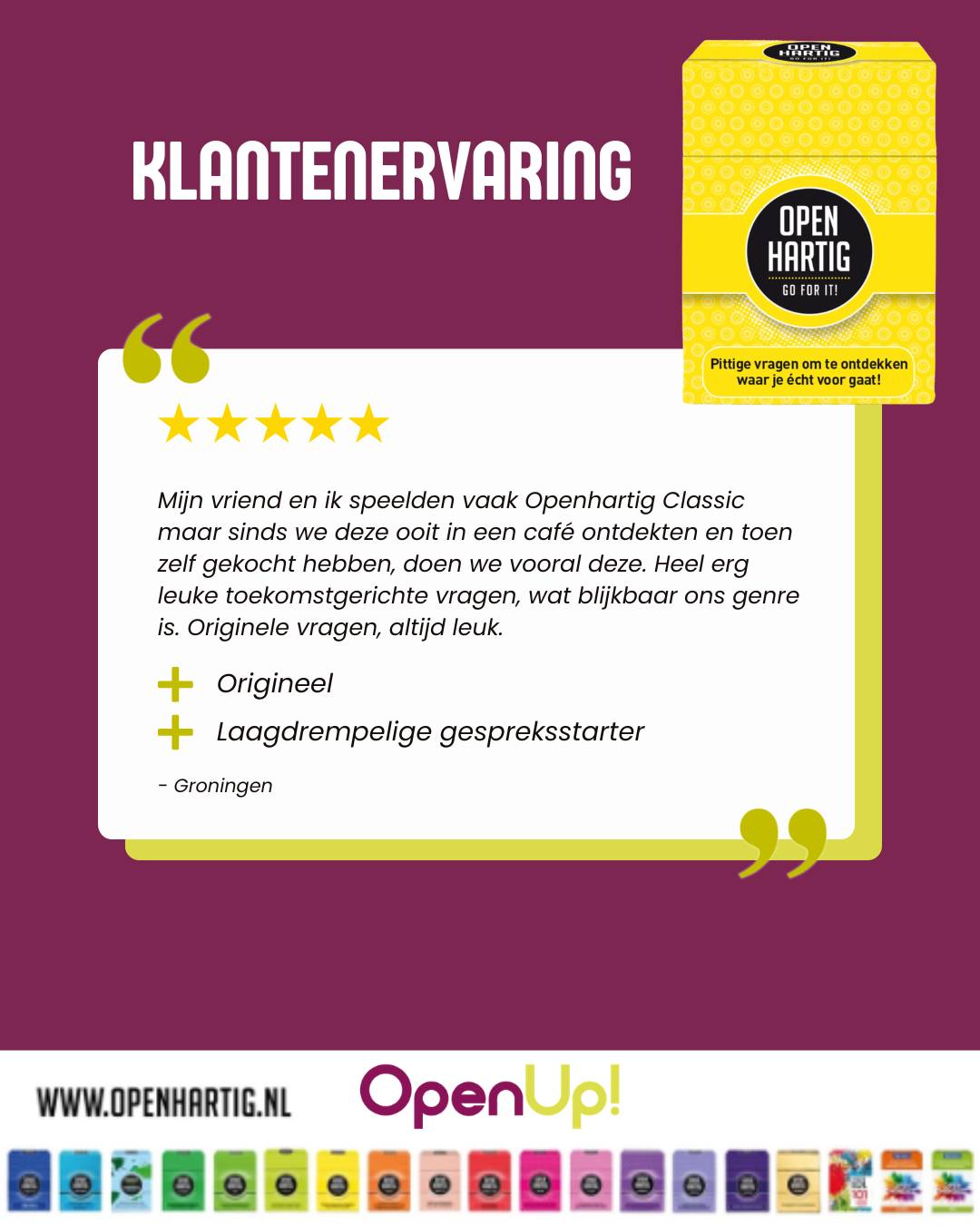 Wat een leuke review om te lezen ⭐️ “Heel erg leuke toekomstgerichte vragen, blijkbaar is dit helemaal ons genre.” 💬

Zo mooi hoe 𝗢𝗽𝗲𝗻𝗵𝗮𝗿𝘁𝗶𝗴 𝗚𝗼 𝗙𝗼𝗿 𝗜𝘁! jullie gesprekken richting de toekomst stuurt. 🤩 Dromen, plannen, keuzes maken en ontdekken waar je echt voor wil gaan! 

Soms ontdek je via een simpel kaartje niet alleen nieuwe ideeën maar ook opnieuw elkaar. 🥰

💛  Ontdek 𝗢𝗽𝗲𝗻𝗵𝗮𝗿𝘁𝗶𝗴 𝗚𝗼 𝗙𝗼𝗿 𝗜𝘁! ➡ op onze website (via de link in bio)

#openhartig #openup #goforit #vraagkaarten #vraagkaartenspellen