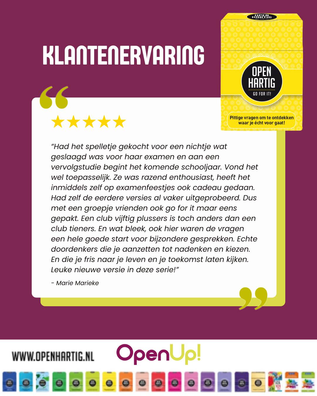 Wat een mooie reactie op ons 𝗢𝗽𝗲𝗻𝗵𝗮𝗿𝘁𝗶𝗴 𝗚𝗼 𝗙𝗼𝗿 𝗜𝘁! spel 😍 Het is inspirerend om te lezen hoe onze spellen bijdragen aan waardevolle momenten. 🥰

Van tieners tot vijftigplussers. Marie Marieke ontdekte hoe dit spel altijd weet te verrassen. 😊 

⭐️ Heb jij ook een ervaring die je wil delen? Laat gerust een review achter, dat waarderen we enorm! ✅

#openhartig #openup #goforit #spellen #vraagkaartjes #vraagkaartenspel