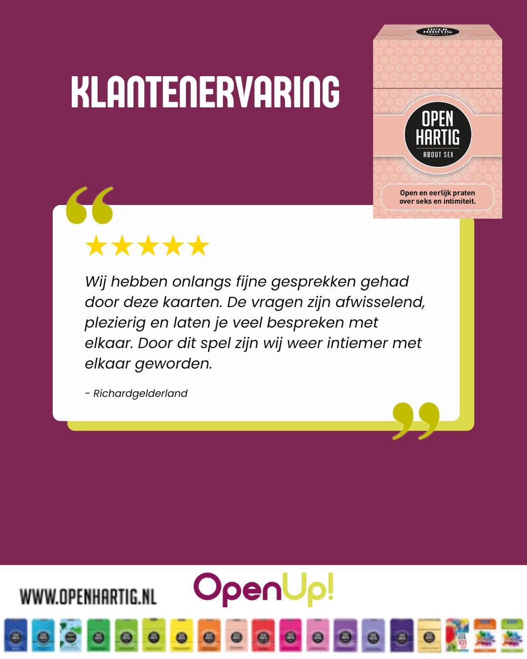 “Wij hebben fijne gesprekken gehad door deze kaarten. De vragen zijn afwisselend, plezierig en laten je veel bespreken met elkaar. Door dit spel zijn wij weer intiemer met elkaar geworden.” ⭐️ Wat een mooie review 🥰 Dankjewel voor het delen!

Precies dat is waar 𝗢𝗽𝗲𝗻𝗵𝗮𝗿𝘁𝗶𝗴 𝗔𝗯𝗼𝘂𝘁 𝗦𝗲𝘅 voor bedoeld is: op een veilige manier praten over verlangens, grenzen en intimiteit. Niet expliciet maar open. 🫶

Met meer dan 100 vragen nodigt het spel uit tot eerlijke gesprekken die vertrouwen verdiepen en de intimiteit versterken. Soms is praten de sleutel tot (opnieuw) dichter bij elkaar komen. 💫

🎁 Ideaal als Valentijnscadeautje 😍

💗 Ontdek 𝗢𝗽𝗲𝗻𝗵𝗮𝗿𝘁𝗶𝗴 𝗔𝗯𝗼𝘂𝘁 𝗦𝗲𝘅 ➡ op onze website (via de link in bio)

#openhartig #openup #aboutsex #letstalkaboutsex #letstalkaboutsexbaby