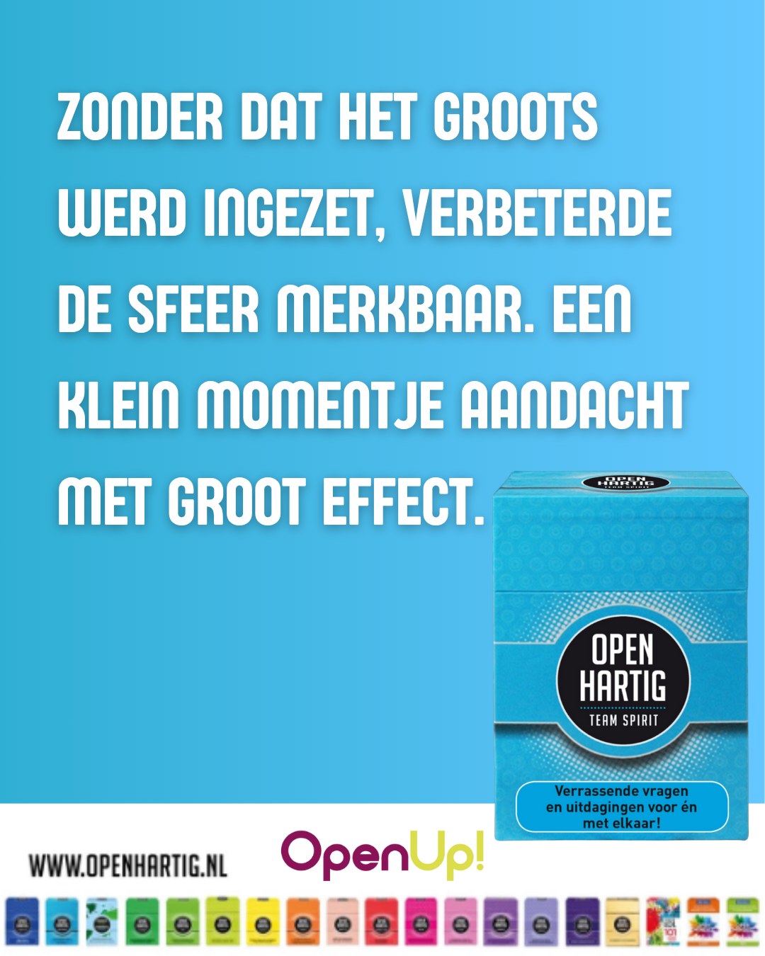 Vanuit de zorgsector werd een waardevolle ervaring met ons gedeeld. Een teamleider van een grote organisatie zocht naar manieren om de gesprekken binnen haar teams te verbreden. 💬

In de vergaderingen werd er volop gesproken over inhoudelijke en organisatorische zaken maar de persoonlijke kant van het werk bleef vaak liggen. Wat iemand écht vond, wat hem of haar dreef, waar twijfels of onzekerheden lagen, ... Dat kwam zelden ter sprake.

Tot ze besloot elk overleg te starten met een paar vragen uit 𝗢𝗽𝗲𝗻𝗵𝗮𝗿𝘁𝗶𝗴 𝗧𝗲𝗮𝗺𝘀𝗽𝗶𝗿𝗶𝘁. Daarmee veranderde de toon. Er ontstonden nieuwe inzichten, collega’s begrepen elkaar beter en het dagelijkse werk liep soepeler. 

Zonder dat het groots werd ingezet, verbeterde de sfeer merkbaar. Een klein momentje aandacht met groot effect. 😍

#openhartig #openup #teamspirit #vraagkaartjes #vraagkaartenspel #teamwork #teamworkmakesthedreamwork