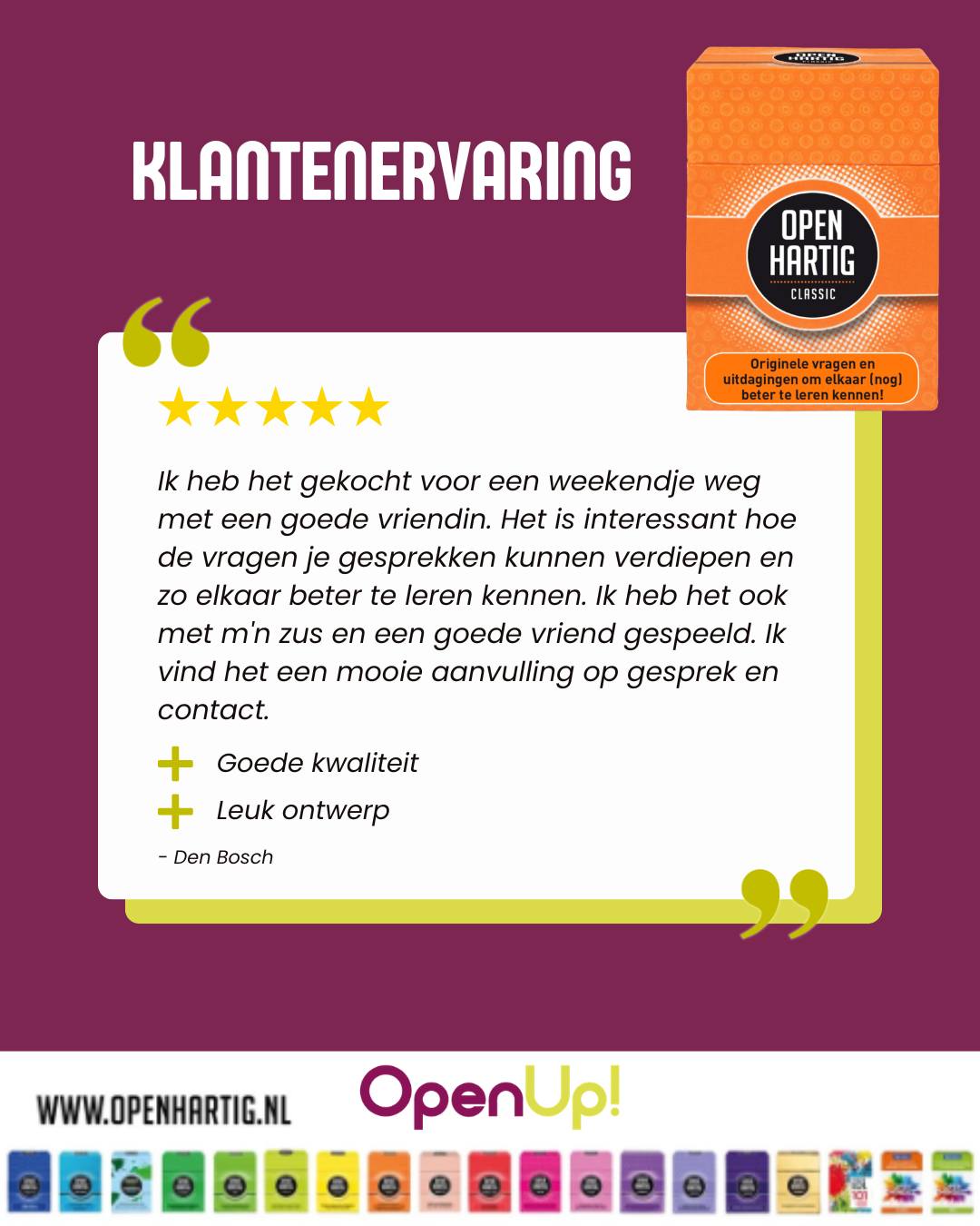 Wat een leuke review ! 🥰 “Een mooie aanvulling op gesprek en contact.”

Dat is precies wat 𝗢𝗽𝗲𝗻𝗵𝗮𝗿𝘁𝗶𝗴 𝗖𝗹𝗮𝘀𝘀𝗶𝗰 doet. 🧡 Of je nu een weekendje weg bent met een goede vriendin, samen zit met je familie of bijpraat met een vriend. De vragen zorgen voor verdieping, nieuwe inzichten en verbinding.

Je denkt dat je elkaar al goed kent… tot er een kaartje op tafel ligt. 💬✨
Dankjewel voor het delen van deze fijne ervaring. Zo bijzonder hoe een spel zoveel mooie gesprekken kan openen. 🥰

🧡 Ontdek 𝗢𝗽𝗲𝗻𝗵𝗮𝗿𝘁𝗶𝗴 𝗖𝗹𝗮𝘀𝘀𝗶𝗰 ➡ op onze website (via de link in bio)

#openhartig #openup #classic #vraagkaartjes #vraagkaartspellen
