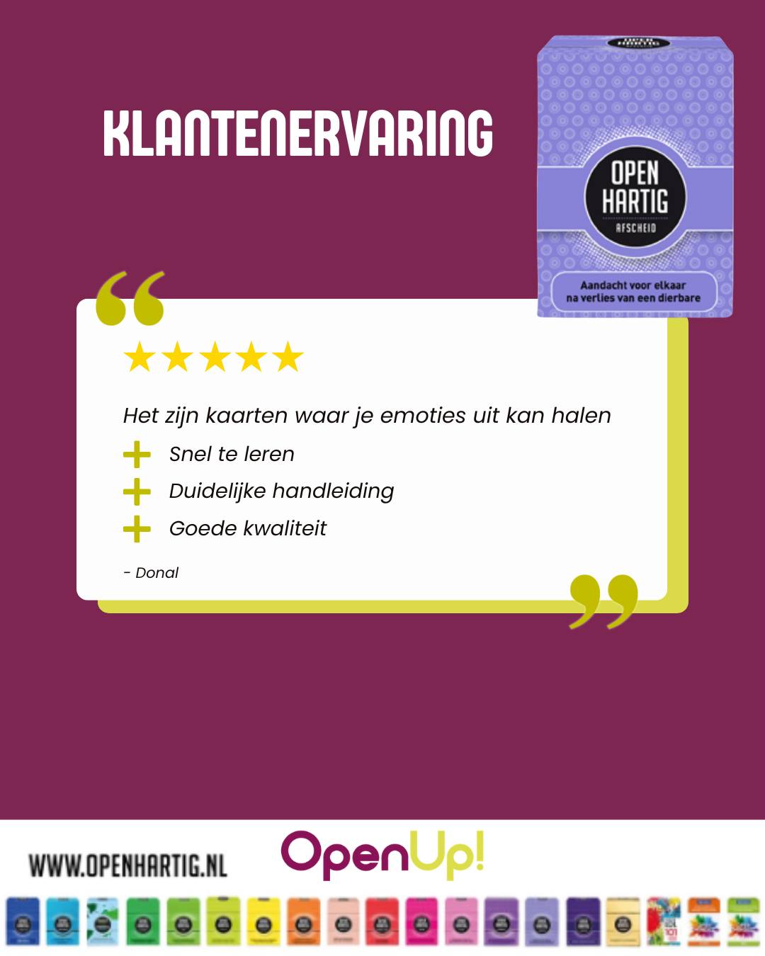 Rouw en verlies zijn voor iedereen anders. Soms ontbreken de woorden, terwijl er juist zoveel gevoeld wordt. 🫶

Deze mooie review raakt precies de bedoeling van 𝗢𝗽𝗲𝗻𝗵𝗮𝗿𝘁𝗶𝗴 𝗔𝗳𝘀𝗰𝗵𝗲𝗶𝗱: een veilige manier bieden om gevoelens, herinneringen en emoties te delen. Niet omdat een spel verdriet wegneemt maar omdat een goed gesprek steun kan geven op momenten dat dat het hardst nodig is.

“Het zijn kaarten waar je emoties uit kan halen.” Dat is precies waar 𝗢𝗽𝗲𝗻𝗵𝗮𝗿𝘁𝗶𝗴 𝗔𝗳𝘀𝗰𝗵𝗲𝗶𝗱 voor is gemaakt: om ruimte te geven aan herinneringen, verdriet, liefde en alles wat daartussen zit. Soms begint een waardevol gesprek met een eenvoudige vraag 💜

💜 Ontdek 𝗢𝗽𝗲𝗻𝗵𝗮𝗿𝘁𝗶𝗴 𝗔𝗳𝘀𝗰𝗵𝗲𝗶𝗱 ➡ op onze website (via de link in bio)

#openhartig #openup #afscheid #rouw #vraagkaartenspel