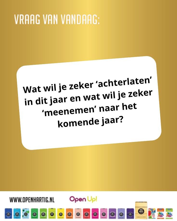 𝗩𝗥𝗔𝗔𝗚 𝗩𝗔𝗡 𝗩𝗔𝗡𝗗𝗔𝗔𝗚 ⭐️ Wat wil je zeker 'achterlaten' in dit jaar en wat wil je zeker 'meenemen' naar het komende jaar? ✨

Met 𝗢𝗽𝗲𝗻𝗵𝗮𝗿𝘁𝗶𝗴 𝗘𝗶𝗻𝗱𝗲𝗷𝗮𝗮𝗿 deel je samen de inzichten, herinneringen en voornemens die dit jaar waardevol maakten. Een spel dat uitnodigt tot prachtige eindejaarsgesprekken: warm, eerlijk en vaak verrassend. 💛

💛 Ontdek 𝗢𝗽𝗲𝗻𝗵𝗮𝗿𝘁𝗶𝗴 𝗘𝗶𝗻𝗱𝗲𝗷𝗮𝗮𝗿 ➡ op onze website (via de link in bio)

#openup #openhartig #eindejaar #eindejaarsgeschenk #giftidea