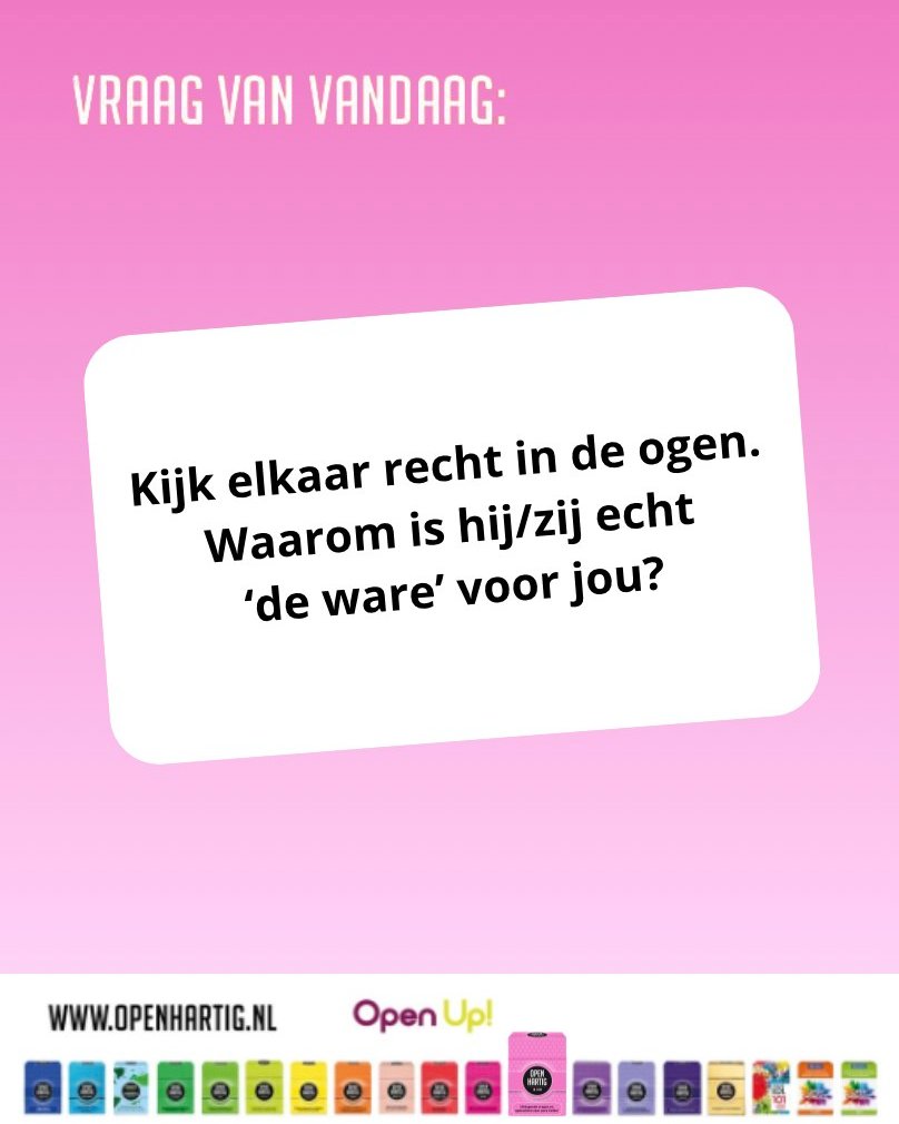 🩷 𝗩𝗥𝗔𝗔𝗚 𝗩𝗔𝗡 𝗩𝗔𝗡𝗗𝗔𝗔𝗚 🩷 Waarom is jouw partner echt de ware voor jou? 🥰

Soms zit het antwoord niet in grote woorden maar in een blik, een gevoel, een moment samen. 𝗢𝗽𝗲𝗻𝗵𝗮𝗿𝘁𝗶𝗴 𝗜𝗻 𝗟𝗼𝘃𝗲 helpt jullie om die gevoelens uit te spreken en elkaar op een liefdevolle manier nog beter te leren kennen.

💕 Perfect om samen te spelen met Valentijn
🎁 Of om cadeau te geven aan je geliefde of iemand die verliefd is

🩷 Ontdek 𝗢𝗽𝗲𝗻𝗵𝗮𝗿𝘁𝗶𝗴 𝗜𝗻 𝗟𝗼𝘃𝗲 ➡ op onze website (via de link in bio)

#valentijn #inlove #openhartig #openup #valentinegifts