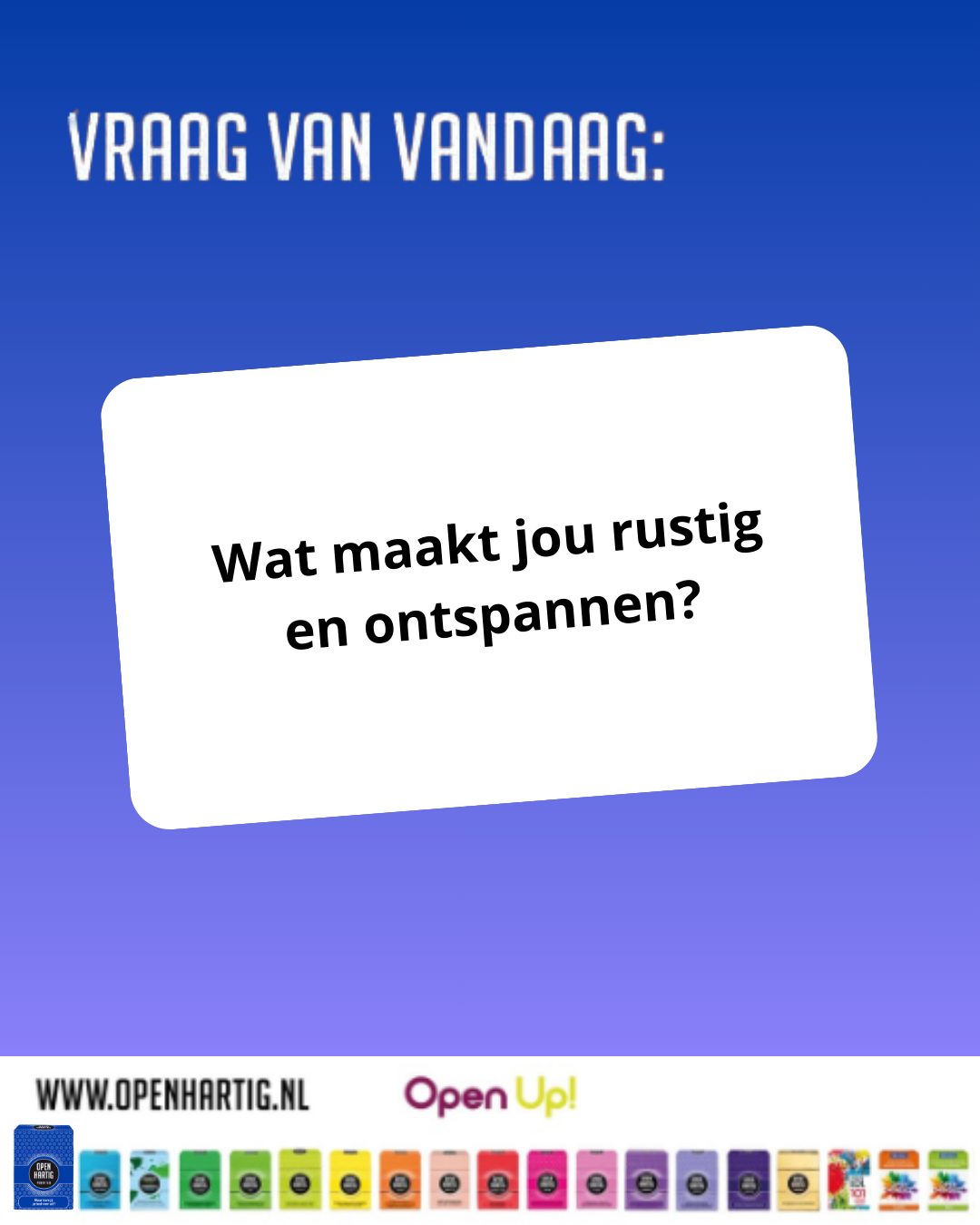 ❔ 𝗩𝗥𝗔𝗔𝗚 𝗩𝗔𝗡 𝗩𝗔𝗡𝗗𝗔𝗔𝗚 💬 Wat maakt jou rustig en ontspannen? 🧘‍♀️

In de puberteit gebeurt er veel tegelijk. Nieuwe ervaringen, verwachtingen van anderen, veranderingen in je lichaam… soms kan het best overweldigend zijn. Juist daarom is het belangrijk om stil te staan bij wat jou helpt om tot rust te komen. 💙

Met 𝗢𝗽𝗲𝗻𝗵𝗮𝗿𝘁𝗶𝗴 𝗣𝘂𝗯𝗲𝗿 𝗧𝗶𝗷𝗱 ga je hierover in gesprek. Meer dan 100 vragen en opdrachten nodigen jongeren uit om te vertellen wie ze zijn, wat ze voelen en wat ze nodig hebben. Op een speelse manier ontstaan er gesprekken met echte aandacht en zonder oordeel. 💬 Een mooie manier voor ouders, vrienden of familie om elkaar beter te begrijpen. 🥰

#openhartig #openup #puberteit #vraagkaartjes #vraagkaartenspel