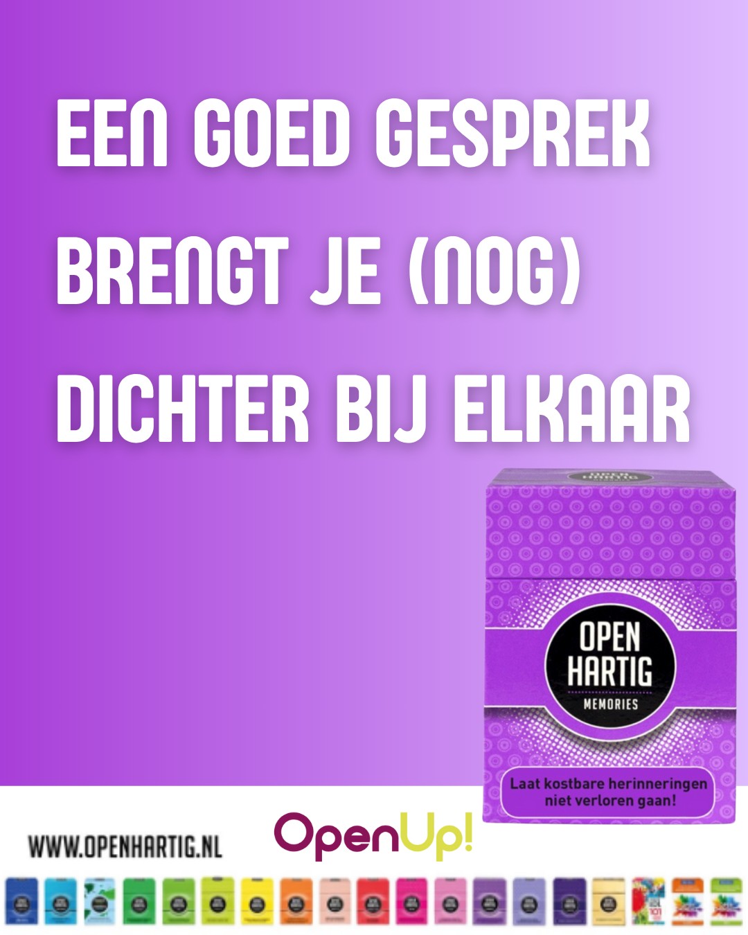 Op maandag start 𝗡𝗮𝘁𝗶𝗼𝗻𝗮𝗹𝗲 𝗢𝘂𝗱𝗲𝗿𝗲𝗻𝘄𝗲𝗲𝗸! 🤩💜 Tijdens deze week staan ontmoeting en verbinding centraal. 🫶

Met 𝗢𝗽𝗲𝗻𝗵𝗮𝗿𝘁𝗶𝗴 𝗠𝗲𝗺𝗼𝗿𝗶𝗲𝘀 haal je samen herinneringen op van vroeger en ontdek je nieuwe verhalen over het leven van nu. Meer dan 100 vragen zorgen voor waardevolle gesprekken vol herkenning, humor en bijzondere momenten tussen generaties. Want samen herinneringen delen, brengt je dichter bij elkaar ✨

👉 Laat kostbare herinneringen niet verloren gaan. Er is geen beter moment om samen herinneringen op te halen! 🥰

💜 Ontdek 𝗢𝗽𝗲𝗻𝗵𝗮𝗿𝘁𝗶𝗴 𝗠𝗲𝗺𝗼𝗿𝗶𝗲𝘀 ➡ op onze website (via de link in bio)

#openhartig #openup #memories #ouderenweek #seniorenweek #herinneringen