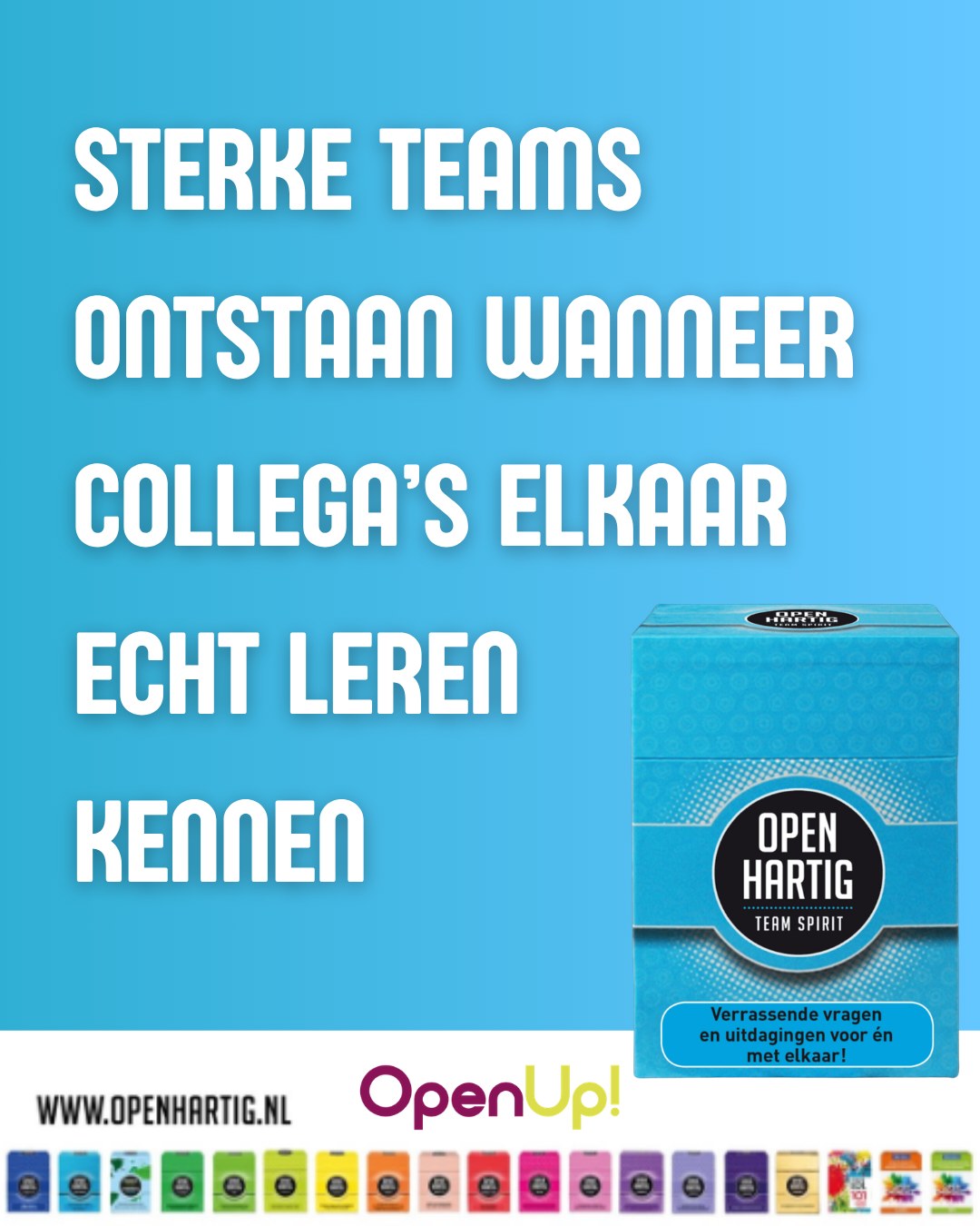 We kregen onlangs een mooi verhaal doorgestuurd van iemand die samen met haar collega’s 𝗢𝗽𝗲𝗻𝗵𝗮𝗿𝘁𝗶𝗴 𝗧𝗲𝗮𝗺 𝗦𝗽𝗶𝗿𝗶𝘁 speelde tijdens een teammoment op het werk. 🩵

In het begin werd er nog wat gelachen met de vragenkaartjes maar al snel ontstonden er gesprekken die normaal nooit tijdens een werkdag gevoerd worden. Niet over deadlines of planningen maar over wat iemand motiveert, waar iemand energie van krijgt en hoe collega’s elkaar eigenlijk zien.

“Je werkt elke dag samen maar toch leerden we elkaar op een heel andere manier kennen,” vertelde ze ons. “Er werd gelachen, verrassend eerlijk geantwoord en de sfeer werd meteen opener.”

Wat hen vooral bijbleef, was hoe eenvoudig het spel verbinding bracht binnen het team. Geen verplicht teambuildinggevoel maar gewoon samen praten, luisteren en plezier maken. 🥰 Een fijne reminder dat sterke samenwerking begint bij elkaar echt leren kennen! 🫶

🩵 Ontdek 𝗢𝗽𝗲𝗻𝗵𝗮𝗿𝘁𝗶𝗴 𝗧𝗲𝗮𝗺 𝗦𝗽𝗶𝗿𝗶𝘁 ➡ op onze website (via de link in bio)

#openhartig #openup #teamspirit #dreamteam #vraagkaartenspel