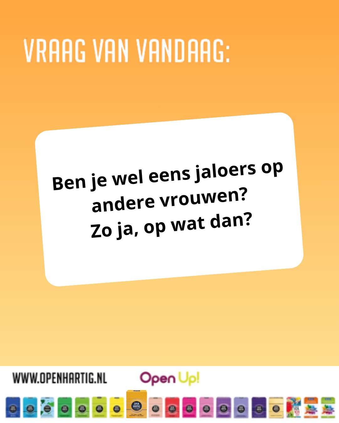 ❔𝗩𝗥𝗔𝗔𝗚 𝗩𝗔𝗡 𝗩𝗔𝗡𝗗𝗔𝗔𝗚 💬 “Ben je wel eens jaloers op andere vrouwen? Zo ja, op wat dan?”

Een eerlijke vraag waar vaak veel meer achter zit dan je denkt. Want soms gaat jaloezie niet over iets willen afpakken maar over verlangens, onzekerheden of dromen die je zelf ook hebt. ✨ 𝗢𝗽𝗲𝗻𝗵𝗮𝗿𝘁𝗶𝗴 𝗩𝗿𝗶𝗲𝗻𝗱𝗶𝗻𝗻𝗲𝗻 brengt gesprekken op gang die verder gaan dan small talk. De vragen zorgen voor herkenning, openheid, nieuwe inzichten en vooral veel verbondenheid tussen vriendinnen.

💛 Ontdek 𝗢𝗽𝗲𝗻𝗵𝗮𝗿𝘁𝗶𝗴 𝗩𝗿𝗶𝗲𝗻𝗱𝗶𝗻𝗻𝗲𝗻 ➡ op onze website (via de link in bio)

#openhartig #openup #vriendinnen #vraagkaartjes #vraagkaartenspel