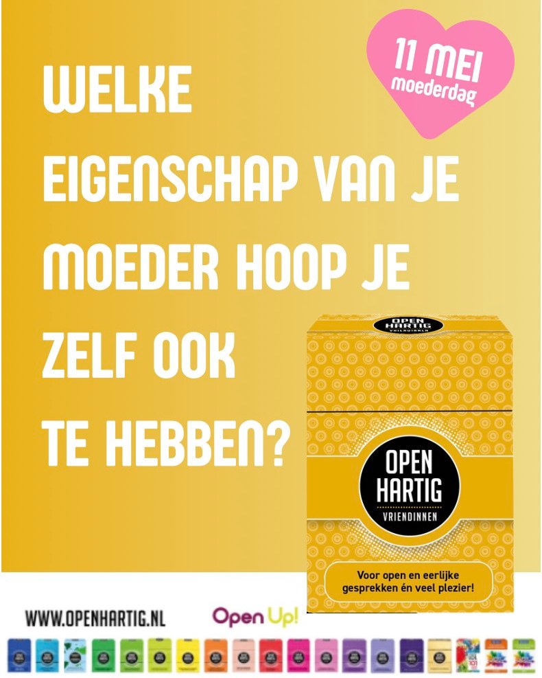 ❕Het is bijna 𝗠𝗼𝗲𝗱𝗲𝗿𝗱𝗮𝗴! Op 11 mei zetten we onze moeders in de bloemetjes. 💐 Geef dit jaar een origineel cadeau! Doe haar eindeloos veel leuke en open gesprekken cadeau. 🎁

💛 𝗪𝗲𝗹𝗸𝗲 𝗲𝗶𝗴𝗲𝗻𝘀𝗰𝗵𝗮𝗽 𝘃𝗮𝗻 𝗷𝗲 𝗺𝗼𝗲𝗱𝗲𝗿 𝗵𝗼𝗼𝗽 𝗷𝗲 𝘇𝗲𝗹𝗳 𝗼𝗼𝗸 𝘁𝗲 𝗵𝗲𝗯𝗯𝗲𝗻? 💭 Samen met vriendinnen lachen, bijpraten en er voor elkaar zijn als het nodig is, dat is voor veel vrouwen zeer waardevol. Vriendinnen vervullen immers een rol die niemand anders kan innemen. Net als moeders. Verras jouw moeder op Moederdag met een van onze spellen en bijgevolg eindeloos veel gezellige en open gesprekken. 🥰

Deze meer dan 100 verrassende vragen en opdrachten dagen vriendinnen uit om gevoelens, verlangens en gedachten over alles wat hen bezighoudt te delen. ✨

👉 Bestel nu jouw spel op @bol .com

#moederdag #moederdagcadeau #vriendinnen #openup #openhartig #spellen