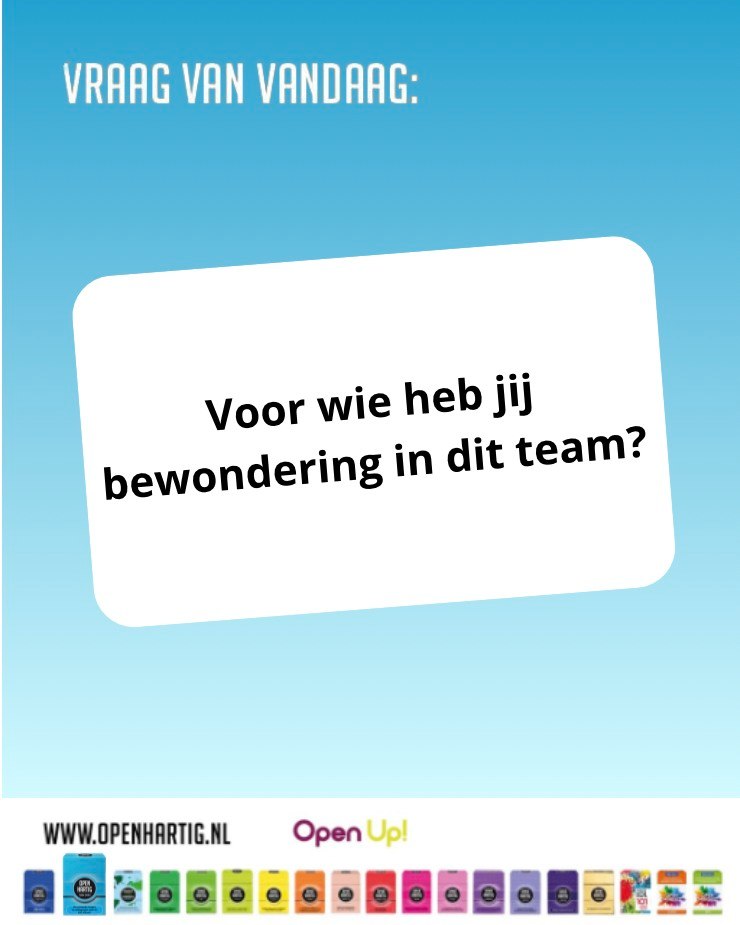 🩵 𝗩𝗿𝗮𝗮𝗴 𝘃𝗮𝗻 𝘃𝗮𝗻𝗱𝗮𝗮𝗴 🩵 Voor wie heb jij bewondering in dit team? 😍

Versterk de teamgeest en bouw aan een succesvolle samenwerking! 💪 Hoe sterk is jullie band en hoe goed werken jullie samen? 𝗢𝗽𝗲𝗻𝗵𝗮𝗿𝘁𝗶𝗴 𝗧𝗲𝗮𝗺 𝗦𝗽𝗶𝗿𝗶𝘁 laat dit jou en je teamgenoten op een verrassende en speelse manier ontdekken. 🤩

🩵 Ontdek ➡ https://openup.nu/spellen/openhartig-team-spirit/