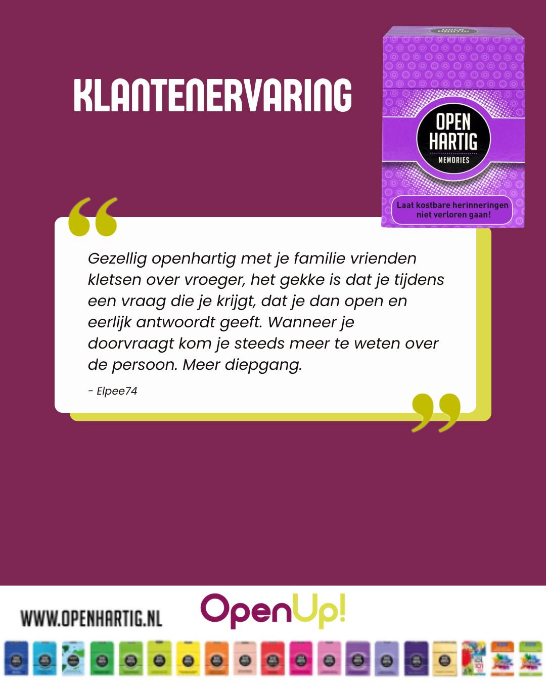 💭 Soms denk je dat je iemand goed kent tot je de juiste vraag stelt.

Dat is precies wat deze speler ervaarde met 𝗢𝗽𝗲𝗻𝗵𝗮𝗿𝘁𝗶𝗴 𝗠𝗲𝗺𝗼𝗿𝗶𝗲𝘀: "𝘎𝘦𝘻𝘦𝘭𝘭𝘪𝘨 𝘰𝘱𝘦𝘯𝘩𝘢𝘳𝘵𝘪𝘨 𝘮𝘦𝘵 𝘫𝘦 𝘧𝘢𝘮𝘪𝘭𝘪𝘦 𝘦𝘯 𝘷𝘳𝘪𝘦𝘯𝘥𝘦𝘯 𝘬𝘭𝘦𝘵𝘴𝘦𝘯 𝘰𝘷𝘦𝘳 𝘷𝘳𝘰𝘦𝘨𝘦𝘳. 𝘏𝘦𝘵 𝘨𝘦𝘬𝘬𝘦 𝘪𝘴 𝘥𝘢𝘵 𝘫𝘦 𝘵𝘪𝘫𝘥𝘦𝘯𝘴 𝘦𝘦𝘯 𝘷𝘳𝘢𝘢𝘨 𝘰𝘱𝘦𝘯 𝘦𝘯 𝘦𝘦𝘳𝘭𝘪𝘫𝘬 𝘢𝘯𝘵𝘸𝘰𝘰𝘳𝘥 𝘨𝘦𝘦𝘧𝘵. 𝘞𝘢𝘯𝘯𝘦𝘦𝘳 𝘫𝘦 𝘥𝘰𝘰𝘳𝘷𝘳𝘢𝘢𝘨𝘵, 𝘬𝘰𝘮 𝘫𝘦 𝘴𝘵𝘦𝘦𝘥𝘴 𝘮𝘦𝘦𝘳 𝘵𝘦 𝘸𝘦𝘵𝘦𝘯 𝘰𝘷𝘦𝘳 𝘥𝘦 𝘱𝘦𝘳𝘴𝘰𝘰𝘯."

Met de vragen uit 𝗢𝗽𝗲𝗻𝗵𝗮𝗿𝘁𝗶𝗴 𝗠𝗲𝗺𝗼𝗿𝗶𝗲𝘀 ontstaan gesprekken die verder gaan dan de dagelijkse praatjes. Verhalen uit het verleden komen tot leven, herinneringen worden gedeeld en je ontdekt nieuwe kanten van de mensen die je al jaren kent. Want achter elke herinnering schuilt vaak een verhaal dat nog nooit verteld is. ❤️

Speel 𝗢𝗽𝗲𝗻𝗵𝗮𝗿𝘁𝗶𝗴 𝗠𝗲𝗺𝗼𝗿𝗶𝗲𝘀 met familie, vrienden, ouders of grootouders en ontdek hoe waardevol het is om stil te staan bij elkaars levensverhalen, ervaringen en herinneringen ✨

💜 Ontdek 𝗢𝗽𝗲𝗻𝗵𝗮𝗿𝘁𝗶𝗴 𝗠𝗲𝗺𝗼𝗿𝗶𝗲𝘀 ➡️ op onze website (via de link in bio)

#openhartig #openup #memories #openhartigegesprekken #vraagkaartjes