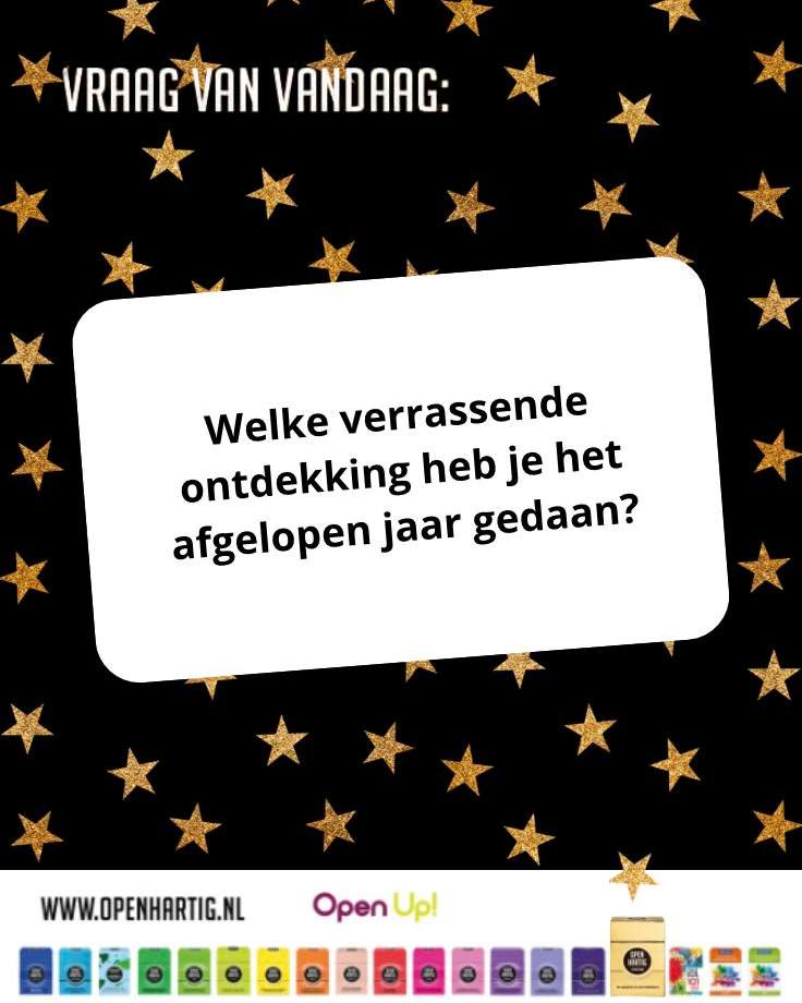 𝗩𝗥𝗔𝗔𝗚 𝗩𝗔𝗡 𝗩𝗔𝗡𝗗𝗔𝗔𝗚 ⭐️ Welke verrassende ontdekking heb je het afgelopen jaar gedaan? ✨ 

De 𝗢𝗽𝗲𝗻𝗵𝗮𝗿𝘁𝗶𝗴 𝗘𝗶𝗻𝗱𝗲𝗷𝗮𝗮𝗿 𝗦𝗽𝗲𝗰𝗶𝗮𝗹 𝗲𝗱𝗶𝘁𝗶𝗼𝗻 brengt deze vraag, en nog 51 andere, tot leven.
Met nieuwe opdrachten, frisse vragen en veel gezelligheid is dit het perfecte spel voor een warme feestperiode met vrienden of familie. 🥰
🎄 52 kaartjes vol plezier, reflectie en sprankelende gesprekken.

💛 Ontdek 𝗢𝗽𝗲𝗻𝗵𝗮𝗿𝘁𝗶𝗴 𝗘𝗶𝗻𝗱𝗲𝗷𝗮𝗮𝗿 𝗦𝗽𝗲𝗰𝗶𝗮𝗹 𝗲𝗱𝗶𝘁𝗶𝗼𝗻 ➡ op onze website (via de link in bio)

#openup #openhartig #eindejaar #eindejaarsgeschenk #giftidea