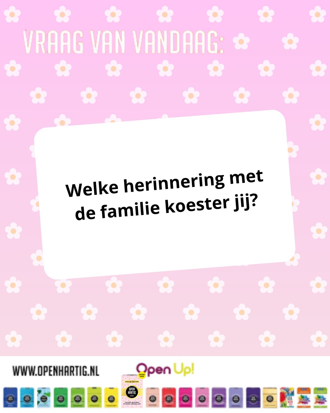 ❔𝗩𝗥𝗔𝗔𝗚 𝗩𝗔𝗡 𝗩𝗔𝗡𝗗𝗔𝗔𝗚 💬  Welke herinnering met de familie koester jij?

Sommige herinneringen blijven je een leven lang bij. 🥰 Een vakantie waar iedereen nog steeds om moet lachen, een gezellige kerstavond, zondagen bij oma of gewoon die kleine, alledaagse momenten die achteraf de meest waardevolle blijken te zijn.

Met 𝗢𝗽𝗲𝗻𝗵𝗮𝗿𝘁𝗶𝗴 𝗠𝗼𝗲𝗱𝗲𝗿 haal je die herinneringen weer naar boven en ontdek je misschien verhalen die je nog nooit van elkaar hebt gehoord.

Een mooie vraag die zorgt voor warme gesprekken, herkenning en nieuwe verhalen. Want de mooiste cadeautjes zijn vaak geen spullen, maar de momenten die je samen deelt. 🩷

🌸 Ontdek 𝗢𝗽𝗲𝗻𝗵𝗮𝗿𝘁𝗶𝗴 𝗠𝗼𝗲𝗱𝗲𝗿 ➡ op onze website (via de link in bio)

#openhartig #openup #moeder #motherdaughter #vraagkaartenspel