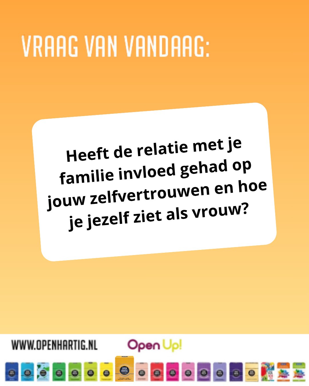 ❔ 𝗩𝗥𝗔𝗔𝗚 𝗩𝗔𝗡 𝗩𝗔𝗡𝗗𝗔𝗔𝗚 💬 “Heeft de relatie met je familie invloed gehad op jouw zelfvertrouwen en hoe je jezelf ziet als vrouw?”

Sommige vragen zorgen voor gesprekken die je normaal misschien niet zo snel voert. Maar net daarin schuilt vaak zoveel herkenning, begrip en verbinding. 💛 Met 𝗢𝗽𝗲𝗻𝗵𝗮𝗿𝘁𝗶𝗴 𝗩𝗿𝗶𝗲𝗻𝗱𝗶𝗻𝗻𝗲𝗻 praat je niet alleen bij over het dagelijkse leven maar ontdek je ook nieuwe kanten van elkaar en van jezelf! Van luchtige momenten tot gesprekken die blijven hangen. 🥰

💛 Ontdek 𝗢𝗽𝗲𝗻𝗵𝗮𝗿𝘁𝗶𝗴 𝗩𝗿𝗶𝗲𝗻𝗱𝗶𝗻𝗻𝗲𝗻 ➡ op onze website (via de link in bio)

#openhartig #openup #vriendinnen #vraagkaartjes #vraagkaartenspel