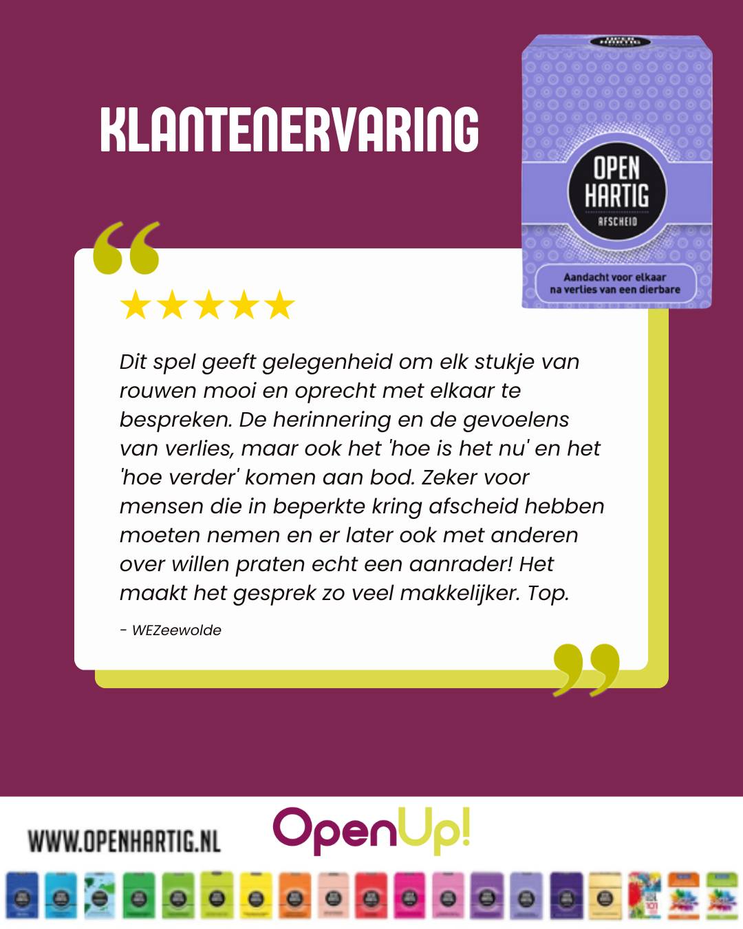 Soms zijn woorden moeilijk te vinden na een verlies. 𝗢𝗽𝗲𝗻𝗵𝗮𝗿𝘁𝗶𝗴 𝗔𝗳𝘀𝗰𝗵𝗲𝗶𝗱 helpt je samen te praten over herinneringen, gevoelens en de toekomst. Op een eerlijke en liefdevolle manier. 💬💜

𝗢𝗽𝗲𝗻𝗵𝗮𝗿𝘁𝗶𝗴 𝗔𝗳𝘀𝗰𝗵𝗲𝗶𝗱 biedt houvast, begrip en verbinding in een periode waarin dat extra waardevol is. Wat je deelt, gaat niet verloren. ✨

Jullie ervaringen betekenen veel voor ons! Heb jij ook een ervaring met één van onze spellen? Laat het ons weten! 🥰

💜 Ontdek 𝗢𝗽𝗲𝗻𝗵𝗮𝗿𝘁𝗶𝗴 𝗔𝗳𝘀𝗰𝗵𝗲𝗶𝗱 ➡ op onze website (via de link in bio)

#openhartig #openup #afscheid #rouw #allerzielen #vraagkaartenspel