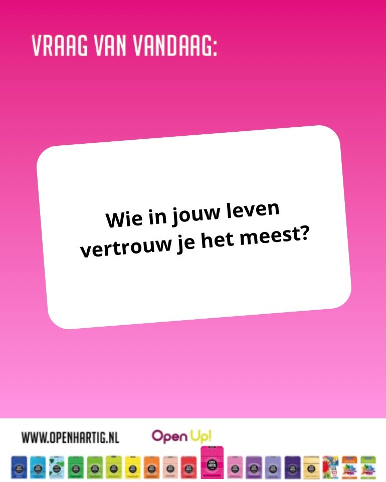 ❔𝗩𝗥𝗔𝗔𝗚 𝗩𝗔𝗡 𝗩𝗔𝗡𝗗𝗔𝗔𝗚 💬 Wie in jouw leven vertrouw je het meest? 

Een vraag die verder gaat dan small talk en precies det maakt daten interessant. 😍 Met 𝗢𝗽𝗲𝗻𝗵𝗮𝗿𝘁𝗶𝗴 𝗗𝗮𝘁𝗶𝗻𝗴 ontstaan ontspannen gesprekken die helpen om elkaar  te leren kennen. Van luchtig tot persoonlijk, altijd op een natuurlijke manier. 🥰

🩷 Ontdek 𝗢𝗽𝗲𝗻𝗵𝗮𝗿𝘁𝗶𝗴 𝗗𝗮𝘁𝗶𝗻𝗴 ➡ op onze website (via de link in bio)

#openhartig #openup #dating #datenight #openhartigdating