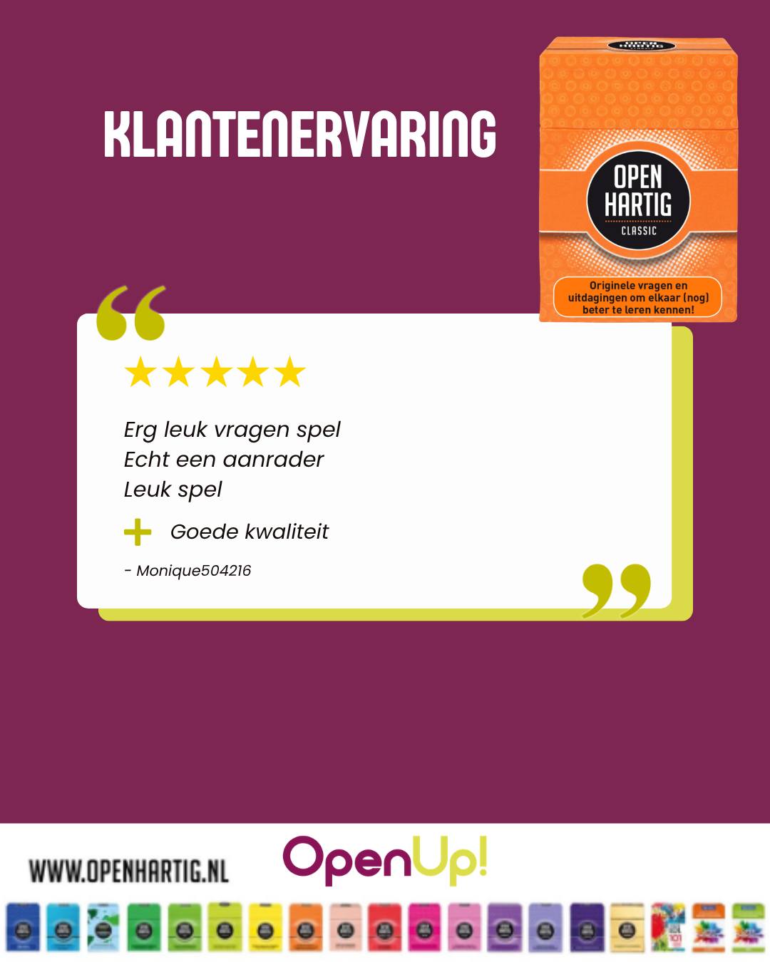 🧡 Soms heb je niet veel nodig voor een gezellige avond samen, alleen een paar goede vragen!

Met 𝗢𝗽𝗲𝗻𝗵𝗮𝗿𝘁𝗶𝗴 𝗖𝗹𝗮𝘀𝘀𝗶𝗰 ontdek je hoe veel er nog te vertellen valt, zelfs wanneer je denkt dat je elkaar al door en door kent! 💬✨

En aan deze ⭐️⭐️⭐️⭐️⭐️ review te zien, viel dat alvast in de smaak. Dankjewel voor de mooie woorden! 🫶🏼

🧡 Ontdek 𝗢𝗽𝗲𝗻𝗵𝗮𝗿𝘁𝗶𝗴 𝗖𝗹𝗮𝘀𝘀𝗶𝗰 ➡ op onze website (via de link in bio)

#openhartig #openup #classic #vraagkaartjes #vragenkaartjes