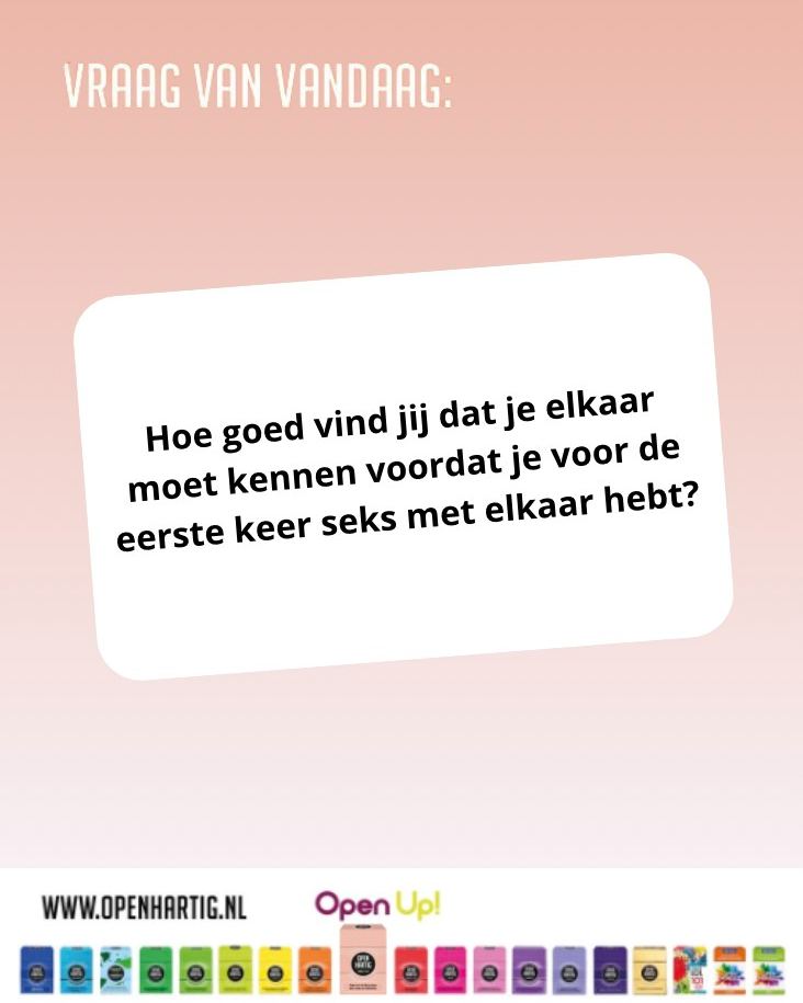 ❔𝗩𝗥𝗔𝗔𝗚 𝗩𝗔𝗡 𝗩𝗔𝗡𝗗𝗔𝗔𝗚 💬 Hoe goed vind jij dat je elkaar moet kennen voordat je voor de eerste keer seks met elkaar hebt? 

Een mooie aanleiding voor een open gesprek. Precies wat Openhartig About Sex brengt. Met meer dan 100 vragen helpt dit spel jullie praten over wensen, grenzen, gevoelens en verlangens. 💗

🩷 Ontdek 𝗢𝗽𝗲𝗻𝗵𝗮𝗿𝘁𝗶𝗴 𝗔𝗯𝗼𝘂𝘁 𝗦𝗲𝘅 ➡ op onze website (via de link in bio) (zelfde spel dus zelfde website info)