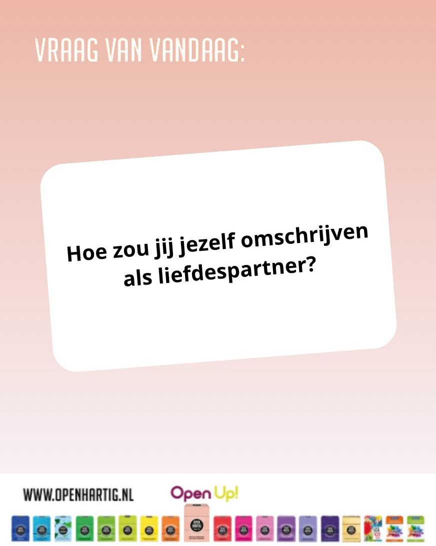 𝗩𝗿𝗮𝗮𝗴 𝘃𝗮𝗻 𝘃𝗮𝗻𝗱𝗮𝗮𝗴 💬 Hoe zou jij jezelf omschrijven als liefdespartner? 🩷

#openup #openhartig #spellen #intimiteit #liefde