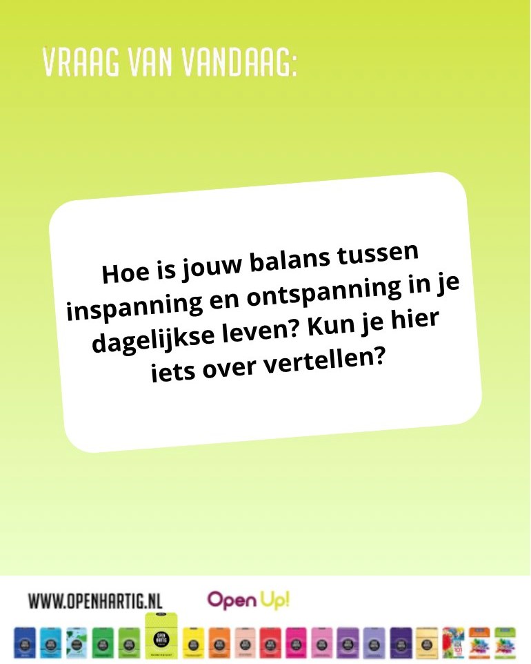 ❔𝗩𝗥𝗔𝗔𝗚 𝗩𝗔𝗡 𝗩𝗔𝗡𝗗𝗔𝗔𝗚 💬 Hoe is jouw balans tussen inspanning en ontspanning in je dagelijkse leven? ⚖ Sta je vaak "aan" of lukt het je ook om echt op te laden? 🔋

Met 𝗢𝗽𝗲𝗻𝗵𝗮𝗿𝘁𝗶𝗴 𝗩𝗶𝘁𝗮𝗹𝗶𝘁𝗲𝗶𝘁 neem je samen de tijd om stil te staan bij wat energie geeft en wat energie kost. Door openheid en delen, ontstaan inzichten, herkenning en soms verrassend simpele veranderingen die een groot verschil maken. 🥰

👉 Speel, luister en ontdek hoe jij (en de mensen om je heen) meer veerkracht, rust en energie kunnen ervaren.

💚 Ontdek 𝗢𝗽𝗲𝗻𝗵𝗮𝗿𝘁𝗶𝗴 𝗩𝗶𝘁𝗮𝗹𝗶𝘁𝗲𝗶𝘁 ➡ op onze website (via de link in bio)

#openhartig #openup #vraagkaarten #vraagkaartenspel #vitaliteit