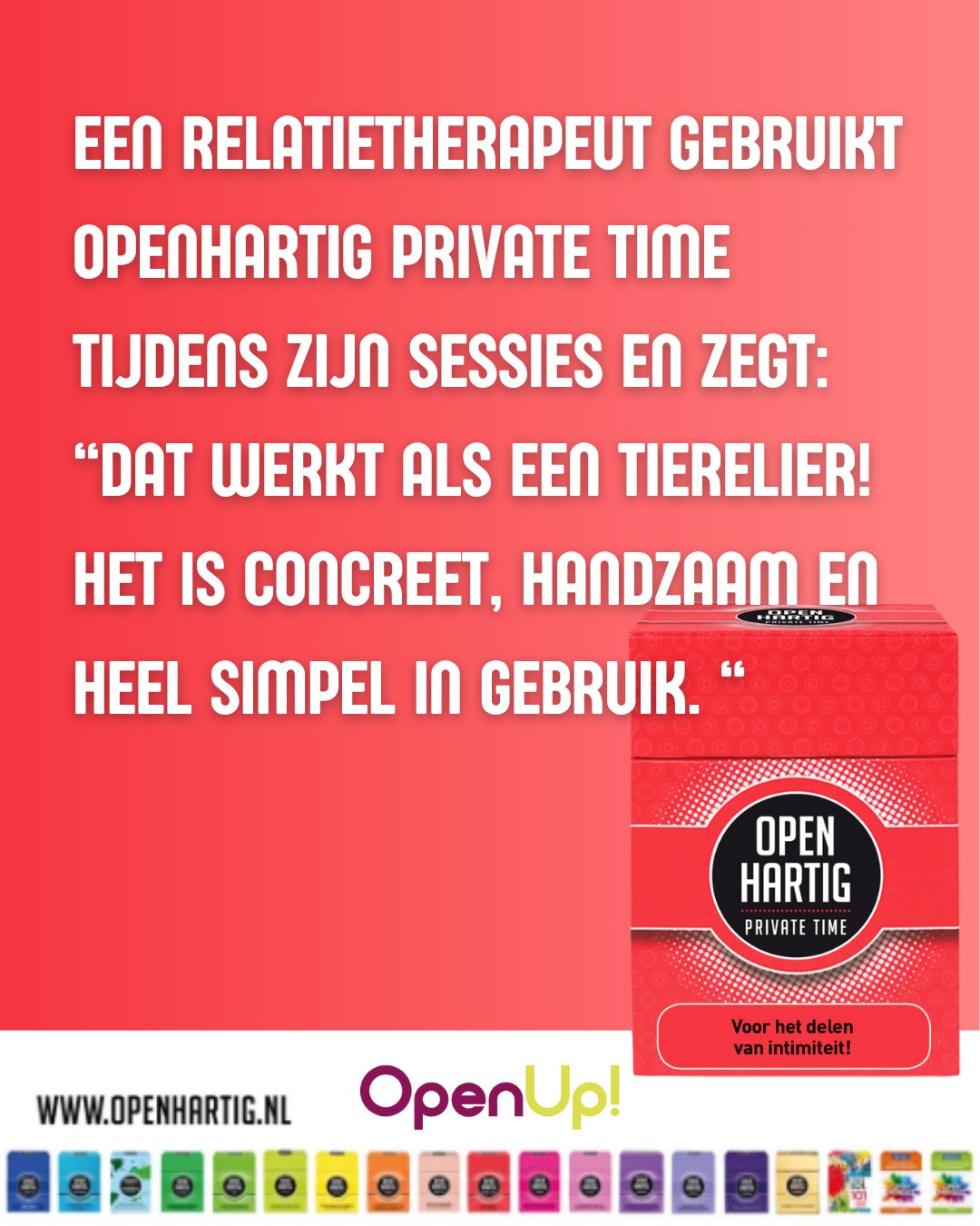 Onlangs werd er een ervaring met ons gedeeld vanuit de praktijk van een relatietherapeut. Deze professional vertelde hoe hij regelmatig gebruikmaakt van 𝗢𝗽𝗲𝗻𝗵𝗮𝗿𝘁𝗶𝗴 𝗣𝗿𝗶𝘃𝗮𝘁𝗲 𝗧𝗶𝗺𝗲 in zijn therapieën. 

Specifieke kaartjes uit het spel worden zorgvuldig uitgekozen op basis van het thema waar een koppel mee worstelt, en meegegeven om thuis samen te bespreken.

Volgens hem is het een praktische manier om gesprekken tussen partners op gang te brengen en verdieping te geven. In zijn woorden: “Het werkt als een tierelier! Het is concreet, handzaam en heel simpel in gebruik.”

Altijd bijzonder waardevol om te horen hoe onze spellen op deze manier bijdragen aan echte verbinding. ❤️

#openhartig #openup #privatetime #Relatietherapie #koppelspellen #vraagkaartenspel
