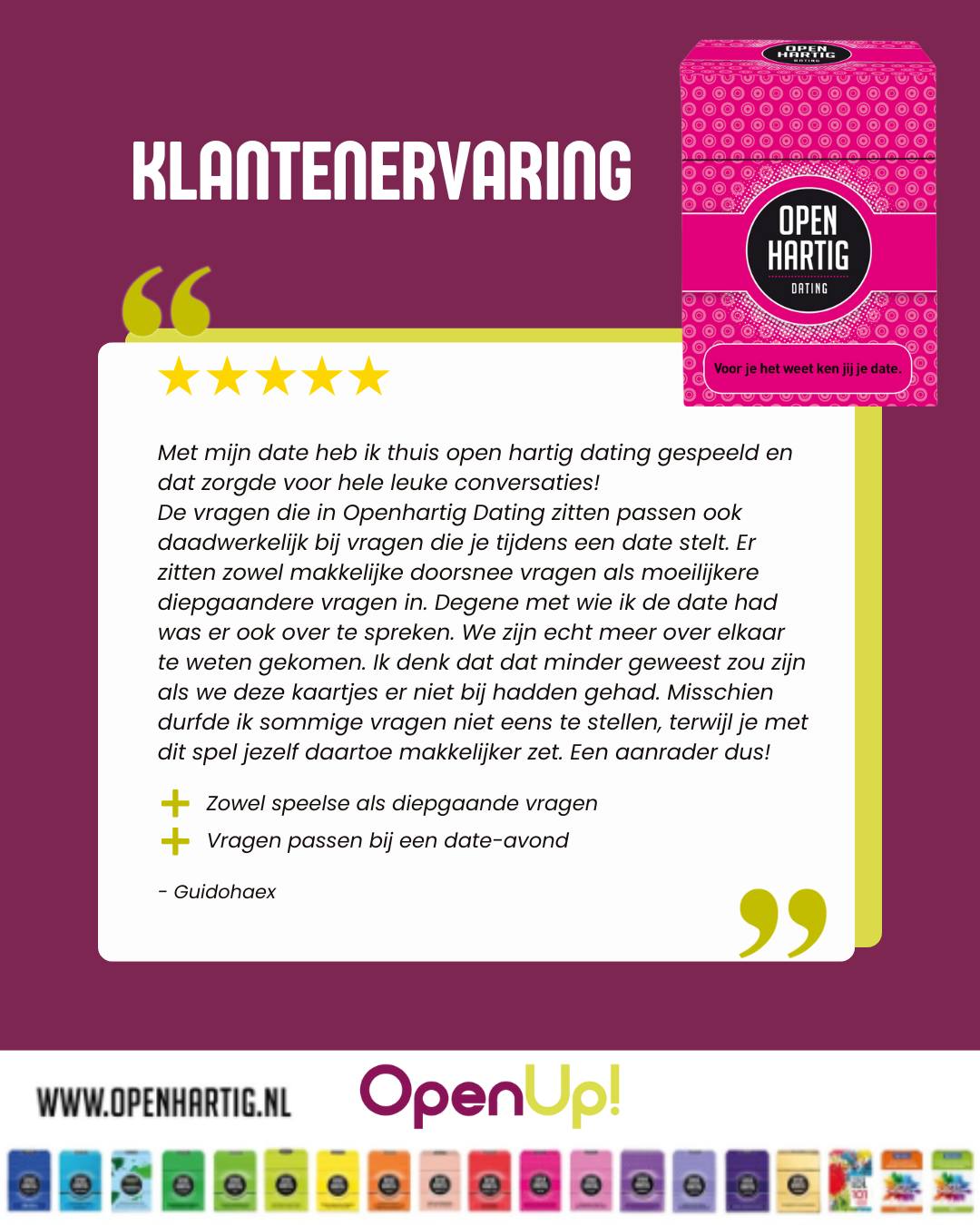 Wat een fijne review om te lezen… ⭐️💛 “Met 𝗢𝗽𝗲𝗻𝗵𝗮𝗿𝘁𝗶𝗴 𝗗𝗮𝘁𝗶𝗻𝗴 ontstonden vanzelf hele leuke conversaties. De vragen voelen natuurlijk aan voor een date en hielpen ons om elkaar beter te leren kennen. Zonder de kaartjes hadden we deze gesprekken waarschijnlijk niet zo gevoerd. Een aanrader!”

Dankjewel voor het delen! 😍 Precies dat is wat 𝗢𝗽𝗲𝗻𝗵𝗮𝗿𝘁𝗶𝗴 𝗗𝗮𝘁𝗶𝗻𝗴 zo waardevol maakt: het verlaagt de drempel om vragen te stellen die je misschien wel voelt maar niet altijd durft te stellen. Zo ontstaan er echte gesprekken, meer verbinding en een date die bijblijft. 💬✨

🩷 Ontdek 𝗢𝗽𝗲𝗻𝗵𝗮𝗿𝘁𝗶𝗴 𝗗𝗮𝘁𝗶𝗻𝗴 ➡ op onze website (via de link in bio)

#openhartig #openup #dating #openhartigdating #datenight