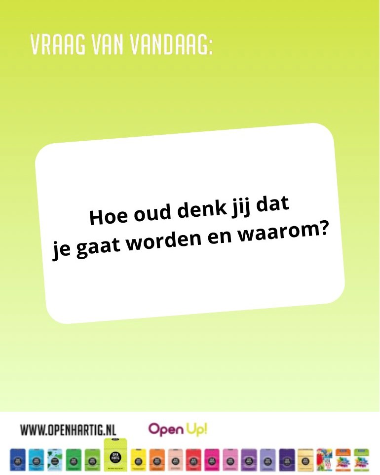 𝗩𝗥𝗔𝗔𝗚 𝗩𝗔𝗡 𝗩𝗔𝗡𝗗𝗔𝗔𝗚 💚 Hoe oud denk jij dat je gaat worden en waarom? 👵👴

💚 Ontdek 𝗢𝗽𝗲𝗻𝗵𝗮𝗿𝘁𝗶𝗴 𝗩𝗶𝘁𝗮𝗹𝗶𝘁𝗲𝗶𝘁 ➡ op onze website (via de link in bio)