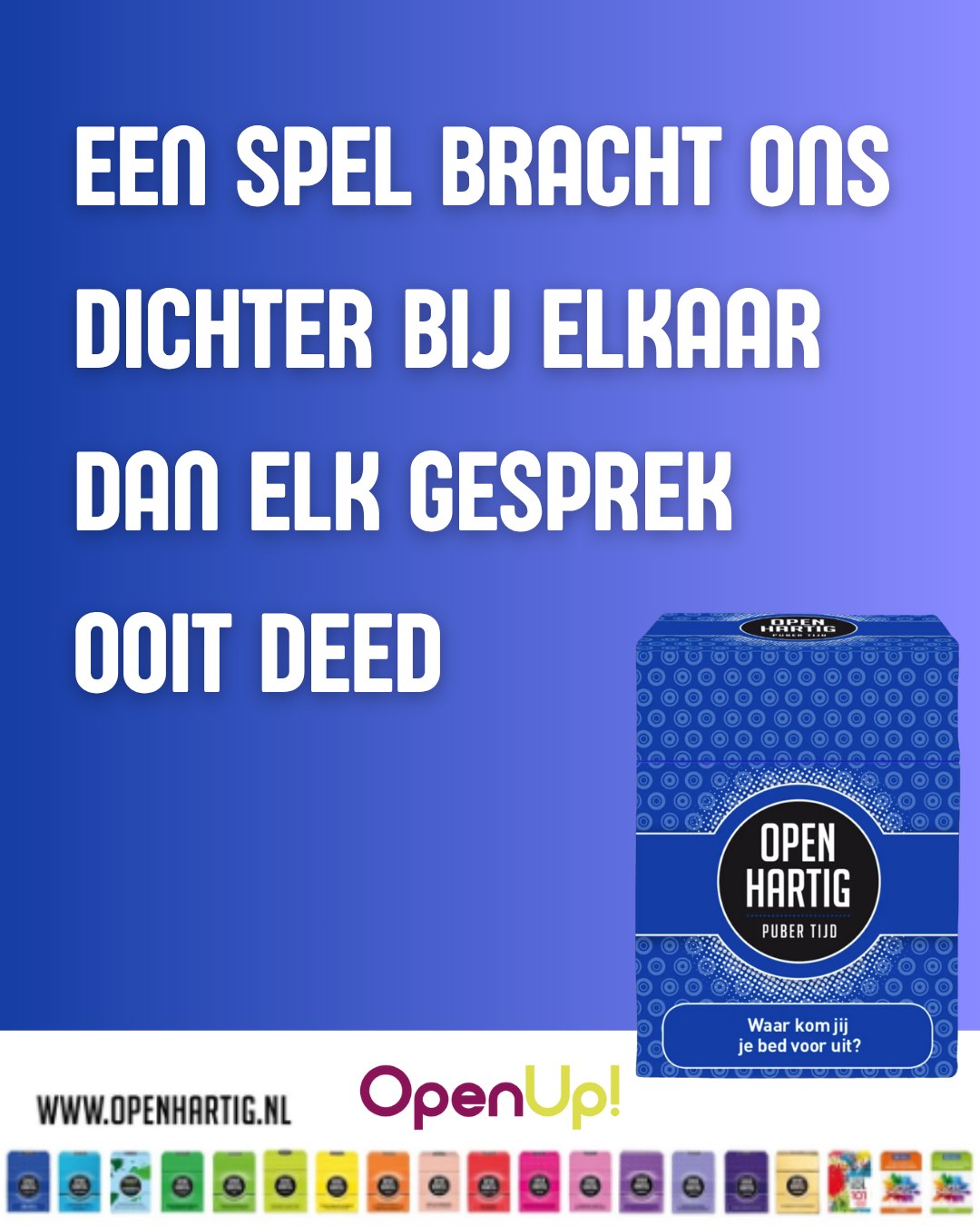 Een moeder vertelde ons dat ze samen met haar 14 jarige dochter 𝗢𝗽𝗲𝗻𝗵𝗮𝗿𝘁𝗶𝗴 𝗣𝘂𝗯𝗲𝗿 𝘁𝗶𝗷𝗱 speelde. Eerst wat onwennig, maar al snel kwamen de gesprekken vanzelf op gang. Er werd gelachen, nagedacht en af en toe iets gedeeld wat anders misschien niet gezegd zou worden.

💙 Ontdek 𝗢𝗽𝗲𝗻𝗵𝗮𝗿𝘁𝗶𝗴 𝗣𝘂𝗯𝗲𝗿 𝘁𝗶𝗷𝗱 ➡ op onze website (via de link in bio)

#openhartig #openup #puberteit #vraagkaartjes #vraagkaartenspel