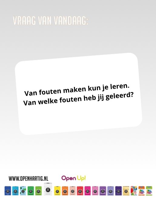 ❔ 𝗩𝗥𝗔𝗔𝗚 𝗩𝗔𝗡 𝗩𝗔𝗡𝗗𝗔𝗔𝗚 💬 Van fouten maken kun je leren. Van welke fouten heb jij geleerd? 🤔

🤍 Ontdek 𝗢𝗽𝗲𝗻𝗵𝗮𝗿𝘁𝗶𝗴 𝗜𝗱𝗲𝗻𝘁𝗶𝘁𝗲𝗶𝘁 ➡ op onze website (via de link in bio)

#openhartig #openup #identiteit #vraagkaartjes #vraagkaartenspel