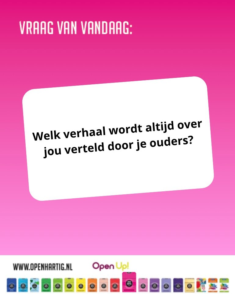 ❔ 𝗩𝗥𝗔𝗔𝗚 𝗩𝗔𝗡 𝗩𝗔𝗡𝗗𝗔𝗔𝗚 💬 Welk verhaal wordt altijd over jou verteld door je ouders? 🩷
Bij Openhartig draait alles om echte gesprekken, betekenisvolle momenten en veel plezier samen. Of je nu aan de koffie zit, thuis aan tafel of op een date: met onze Openhartig kaarten start je altijd een gesprek dat verder gaat dan ‘hoe was je dag?’.

💡 Tip: 𝗢𝗽𝗲𝗻𝗵𝗮𝗿𝘁𝗶𝗴 𝗗𝗮𝘁𝗶𝗻𝗴 is dé manier om een date ontspannen en origineel te starten. Ontdek wat jouw date leuk vindt, lach en leer elkaar beter kennen. Binnen no-time ontstaat er een echt gesprek, vol plezier en verbinding!

👉 Zo wordt daten niet spannend, maar leuk en waardevol. Haal 𝗢𝗽𝗲𝗻𝗵𝗮𝗿𝘁𝗶𝗴 𝗗𝗮𝘁𝗶𝗻𝗴 in huis en maak van elke ontmoeting een onvergetelijk moment!

🩷 𝗢𝗽𝗲𝗻𝗵𝗮𝗿𝘁𝗶𝗴 𝗗𝗮𝘁𝗶𝗻𝗴 ➡ op onze website (via de link in bio)

#openhartig #openup #dating #vraagkaartjes #vragenkaartspel