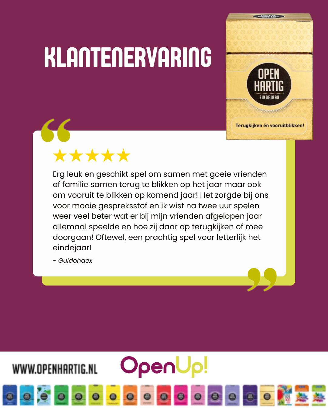 Wat een prachtige review ⭐️🥰
“Superleuk spel om met vrienden of familie terug te blikken en vooruit te kijken. Het zorgde bij ons voor mooie gesprekken. Ik wist na twee uur spelen weer precies wat er bij mijn vrienden speelde. Een prachtig spel voor het eindejaar!”
Dankjewel voor het delen! 💛

Precies dat maakt 𝗢𝗽𝗲𝗻𝗵𝗮𝗿𝘁𝗶𝗴 𝗘𝗶𝗻𝗱𝗲𝗷𝗮𝗮𝗿 zo waardevol: vragen en opdrachten die jullie helpen herinneringen op te halen, vooruit te dromen en met elkaar in gesprek te gaan. ❤

💛 Ontdek 𝗢𝗽𝗲𝗻𝗵𝗮𝗿𝘁𝗶𝗴 𝗘𝗶𝗻𝗱𝗲𝗷𝗮𝗮𝗿 ➡ op onze website (via de link in bio)

#openhartig #openup #eindejaar #spellen #giftideas #eindejaarsgeschenk