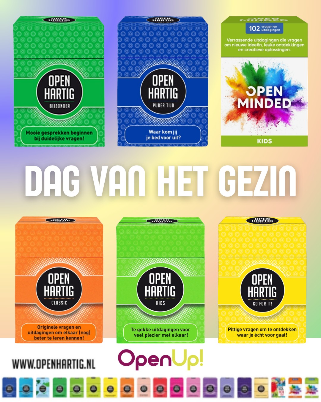 Vandaag is het de Internationale 𝗗𝗮𝗴 𝘃𝗮𝗻 𝗵𝗲𝘁 𝗚𝗲𝘇𝗶𝗻 🤍

In een wereld waarin alles snel gaat, vergeten we soms hoe belangrijk het is om  tijd te maken voor elkaar. Even samen aan tafel zitten. Luisteren naar elkaars verhalen. Oprechte aandacht geven. Samen lachen. Samen praten. 🥰

Bij Openhartig geloven we dat verbinding begint bij een goed gesprek. Want familie draait niet om perfect zijn maar om er zijn voor elkaar met aandacht, interesse en openheid. ❤️

Dus leg vandaag die telefoon even weg, stel elkaar een echte vraag en maak tijd voor de mensen die er altijd zijn. ✨ Want uiteindelijk zijn het de momenten samen die het meest betekenen! 😍

💜 Ontdek al onze spellen ➡ op onze website (via de link in bio)

#openhartig #openup #dagvanhetgezin #familytime #gezin